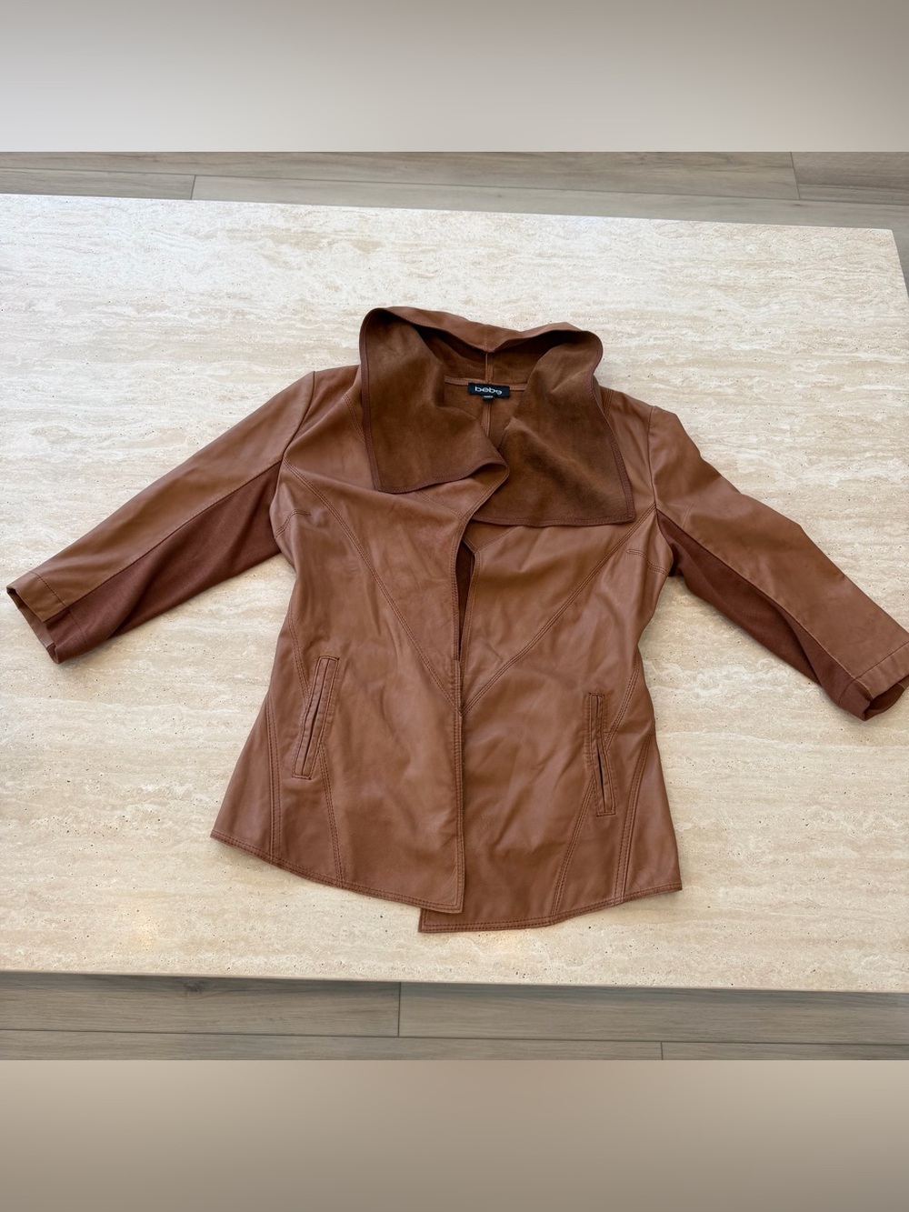 bebe Tan Faux Leather Flyaway Jacket with Draped Collar